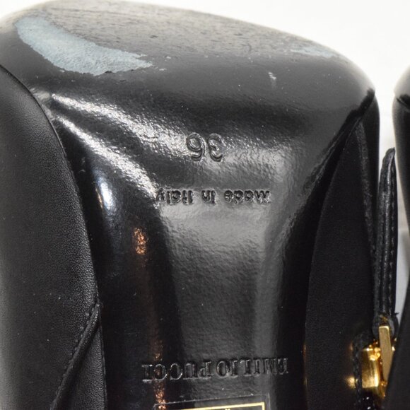 EUC Emilio Pucci 36 6M Black Leather Bootie Ankle Boots Heels Gold Turnlock Logo - Picture 10 of 16